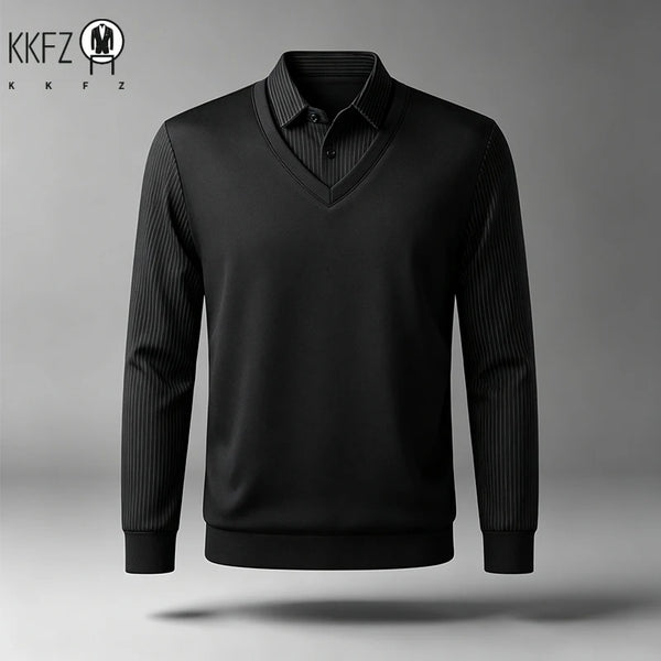 Men Fake Two Piece Long Sleeve Top V Neck Ribbed Sleeve Shirt Collar For Business Office Daily Commute Casual Outfits