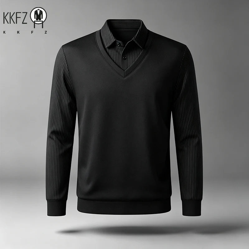 Men Fake Two Piece Long Sleeve Top V Neck Ribbed Sleeve Shirt Collar For Business Office Daily Commute Casual Outfits