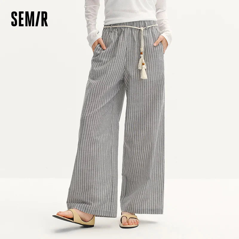 Semir Women Pants Striped 2026 Soft Drape Wide Leg Belted Urban Casual Everyday Style Soft Comfortable Daily Wear Trendy