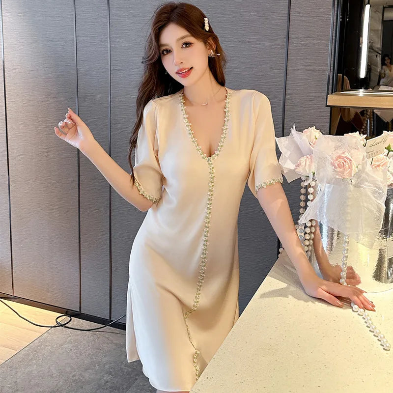 V-neck Women's Nightgown One Piece Pajamas Dress Elegant Summer Sexy Nightdress Home Clothes Short Sleeve Sleepwear Nighties