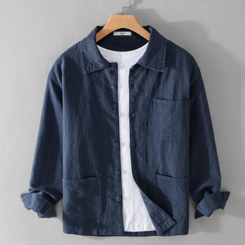 70% ramie 30% cotton high-quality men's long-sleeved shirt  daily casual wear, retro Harajuku style, solid color outdoor jacket