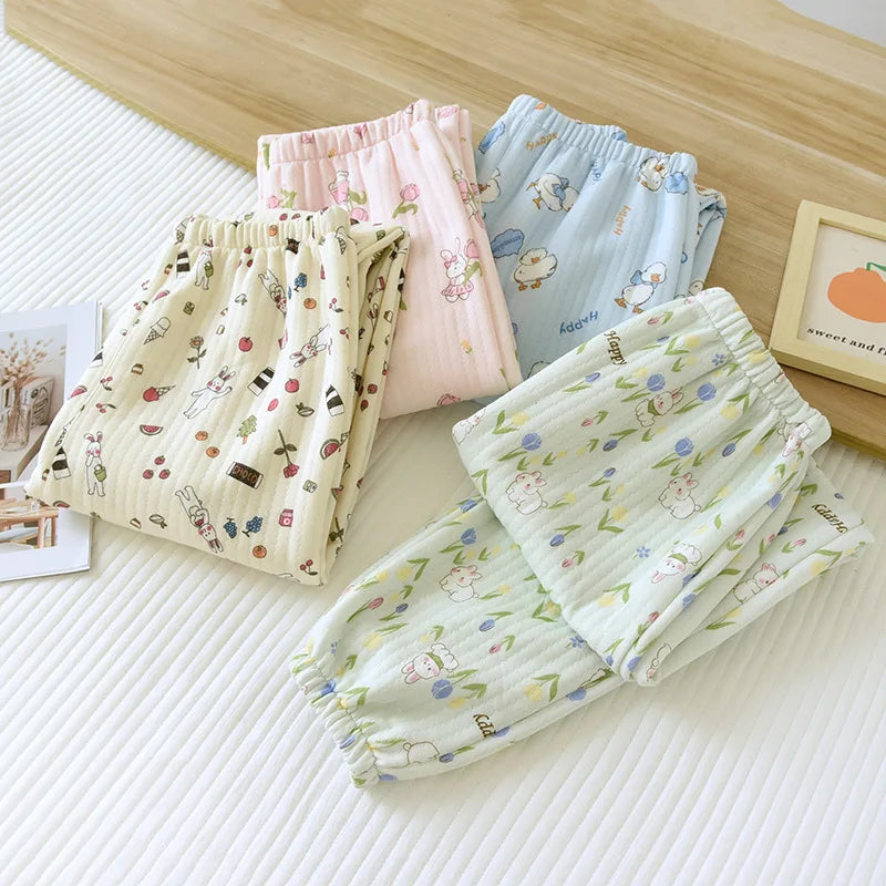 Pure Cotton Air Layer Pajama Pants For Women Autumn Winter Warm Thickened Sleepwear Pantalones Loose Printed Female Pijama Pants