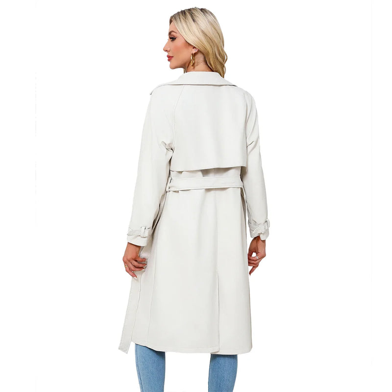 Women's Beige Loose Lace Up Long Leather Jacket,Black Single Breasted Lapel PU Coats,Brown Camel Available, European Size Tops