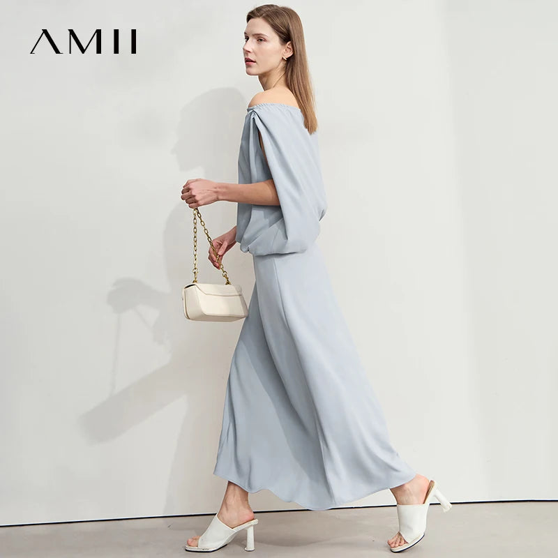 AMII Minimalism Women Long Dress 2026 Asymmetric Off Shoulder Sexy Luxury Designer Chiffon Black Dress Female Clothing 12542078