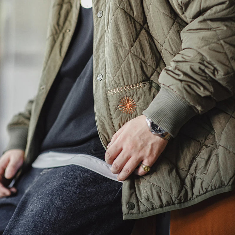 Maden Casual Quilted Baseball Jacket Thick Warm Padded Coat Green Vintage Outerwear for Men's Winter Versatile Coat with Pockets