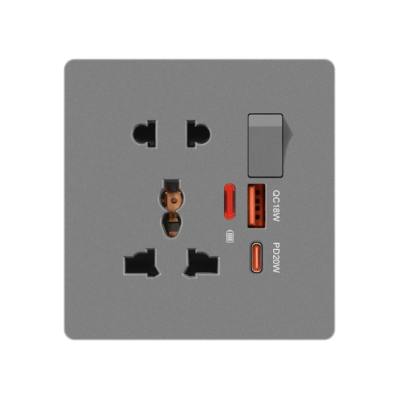 Universal 3/5Pin Smart Socket With 20W Fast Charging Type-C Port,UK Plastic Electrical Wall Double USB Power Outlet AC 110V-250V