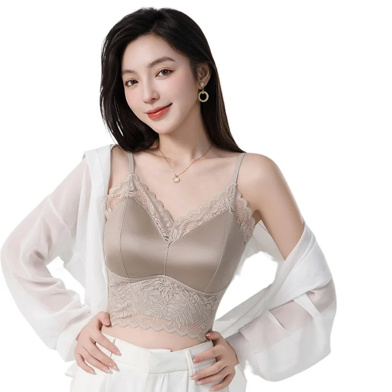 Lace Satin Chest Pad Top Integrated Fixed Cup Seamless Breathable Sling Vest Women One Piece Pajamas Sleepwear Underwear