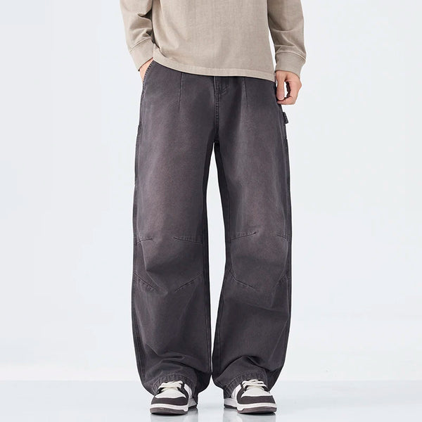 Spring Autumn Vintage Washed 100% Cotton Straight Jeans for Men Clothing Zipper Solid Color Trousers LX5039