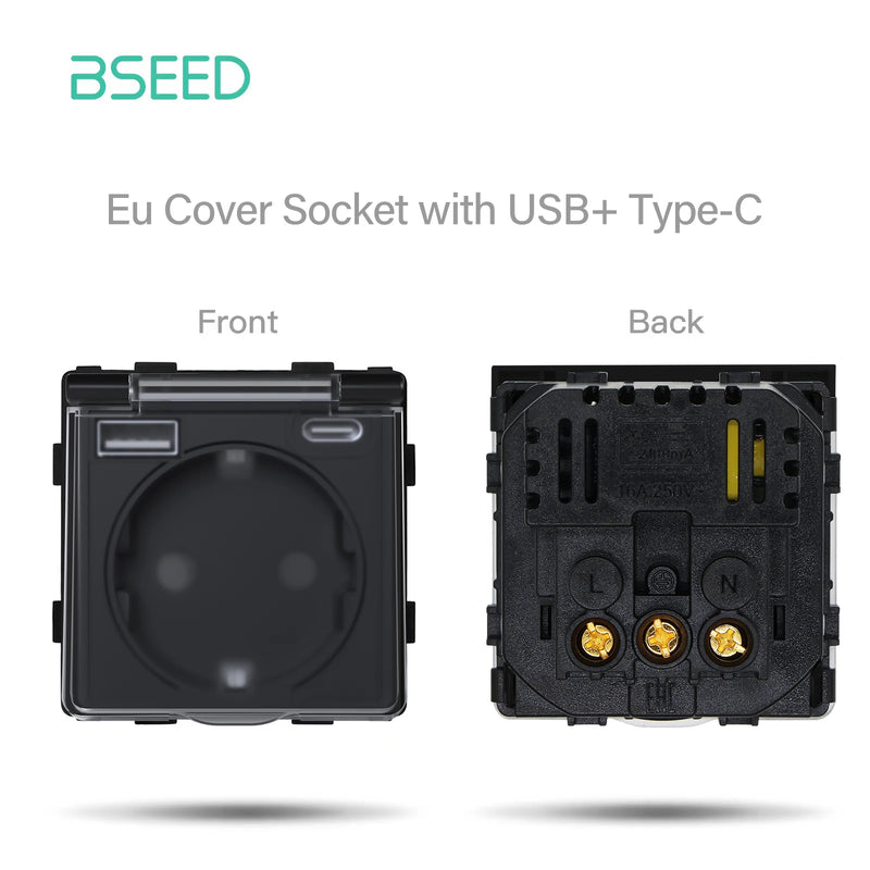 BSEED EU Wall Electric Socket Function Part USB Type-C Port With Plastic Waterpoof Cover 250v 16A DIY Part Only No Frame