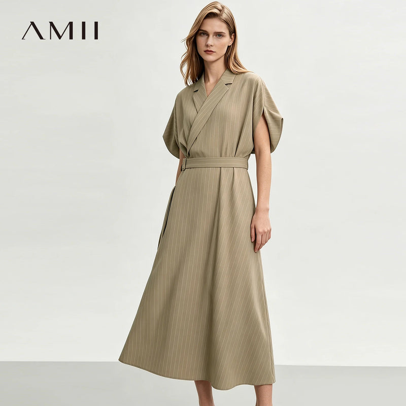 Amii Striped Women's Dress 2026 Summer New Lapel Dolman Short Sleeve Waist Belt Office Casual Long Dress For Women 12652056