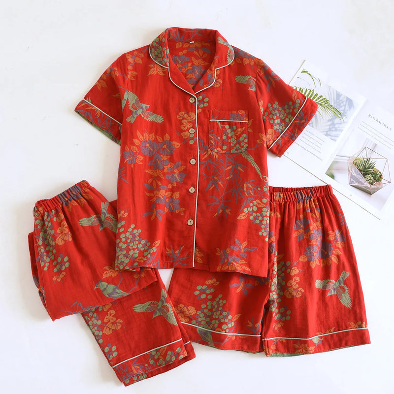 Summer Wear Female Clothing Lapel Short Sleeve Sleepwear New 3PCS Pajamas for Woman Nightwear Floral Print Homewear Pyjama Set