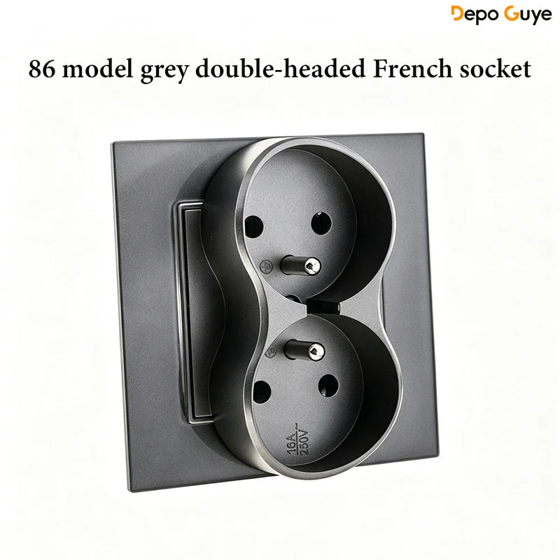 French Wall Socket Double Power Outlet FR Standard 16A Glass Panel Single Double Frame White Black Home Electrical Wall Socket