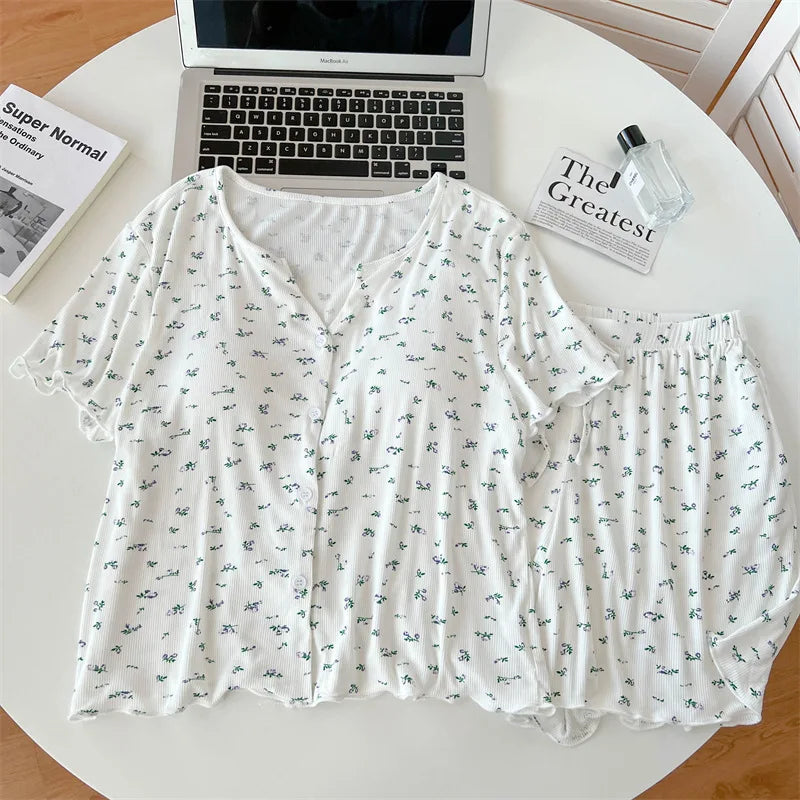 Floral Thin Nightwear 2 Pieces Set for Woman Pajamas Chest Pads Women’s Loungewear Summer Suit Short Sleeve Sleepwear Pyjamas