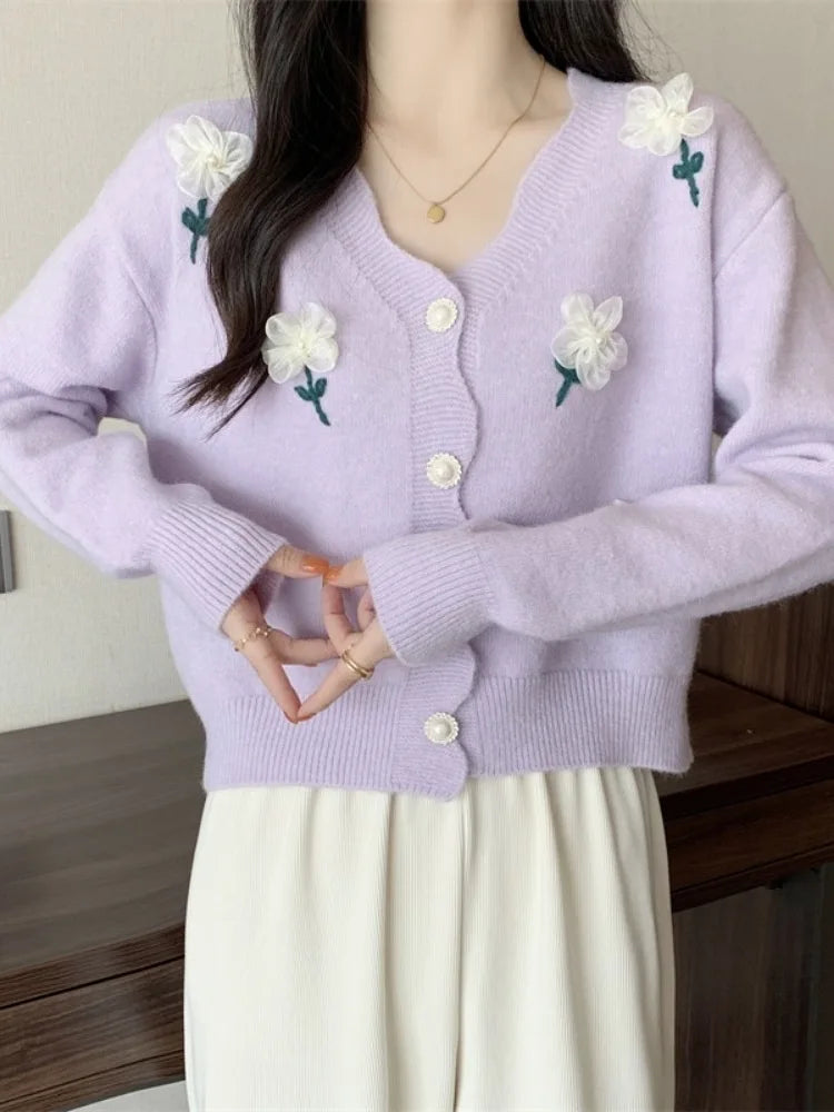 Gentle Sweet Autumn Winter Sweater Women's Flower Beaded Knitted Cardigan Long Sleeve Top Casual Warm Ladies Knitwears Coat