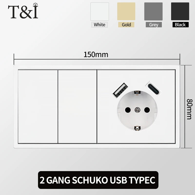 European Wall Socket EU Outlet, USB Type-C Charging Ports, 1/2 Gang Light Switch, 16A 250V, Flush Mount, White Panel, 80×80mm