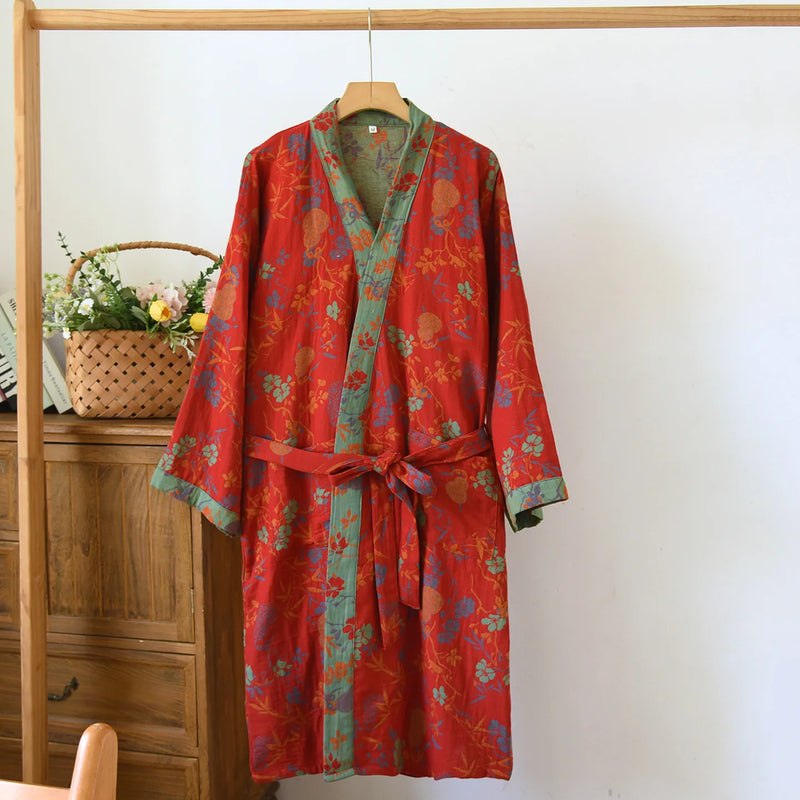 Kimono Robe Women's Bathrobe Female One Piece Pajamas Loungewear for Spring and Autumn 2026 New Floral 100% Cotton Home Servic