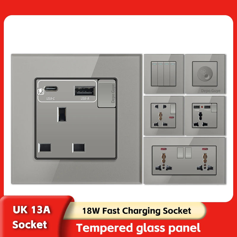 Grey UK 13A Tempered Glass USB Type C 18W Quick Charge Socket,Dual Universal Power Outlet,Home Light Electric Switch Panel