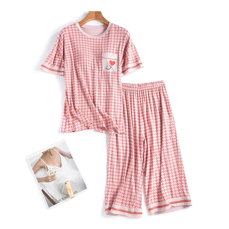 Modal Women's Summer Pajamas New Fashion Short Sleeve Capri Pants Set Chest Pad Sleepwear Nightwear Home Suit Pyjamas Dames