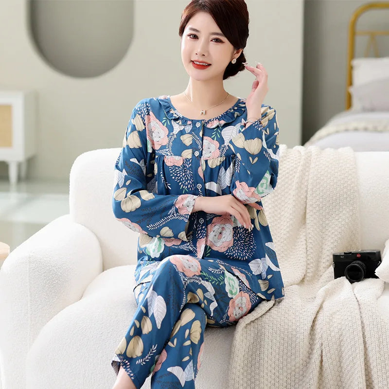 Women Spring Autumn Long Sleeve Pajamas Suit Middle Aged Mother's Home Clothes Female Outside Wear Sleepwear Two Piece Set
