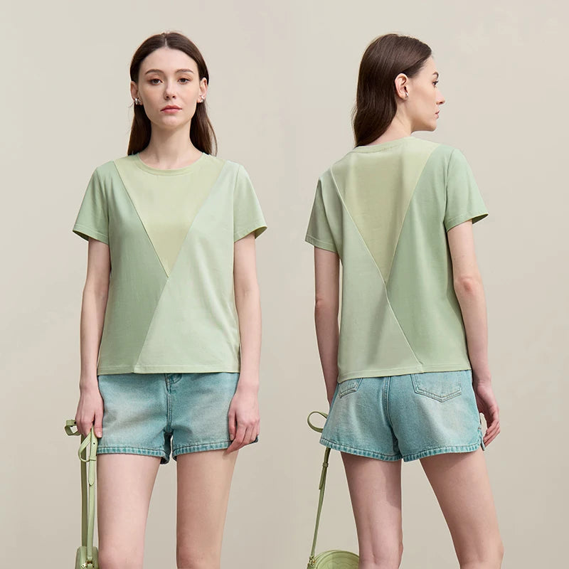 អាវយឺត Amii O-Neck សម្រាប់នារី រដូវក្តៅ ឆ្នាំ២០២៦ អាវយឺតកប្បាសថ្មី លាតសន្ធឹង ប្លុកពណ៌ អាវដៃខ្លី ធម្មតា ងាយស្រួលប្រើ 12622177
