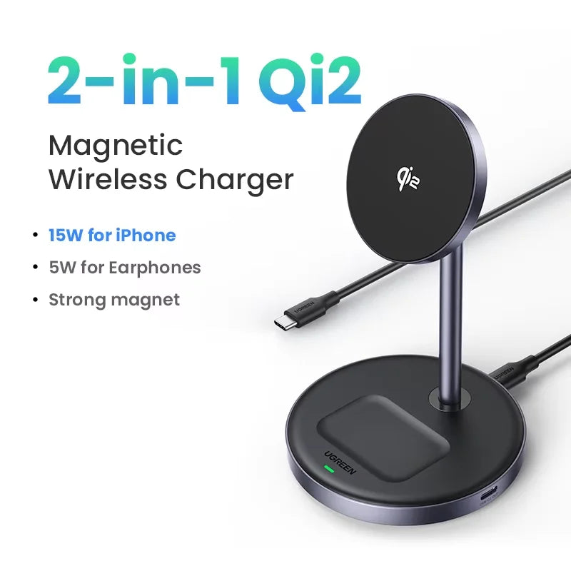 UGREEN Magnetic Wireless Charger Stand 15W Max 2-in-1 Charging Stand For iPhone 16 17 Pro Max/iPhone 14/AirPods Fast Charger