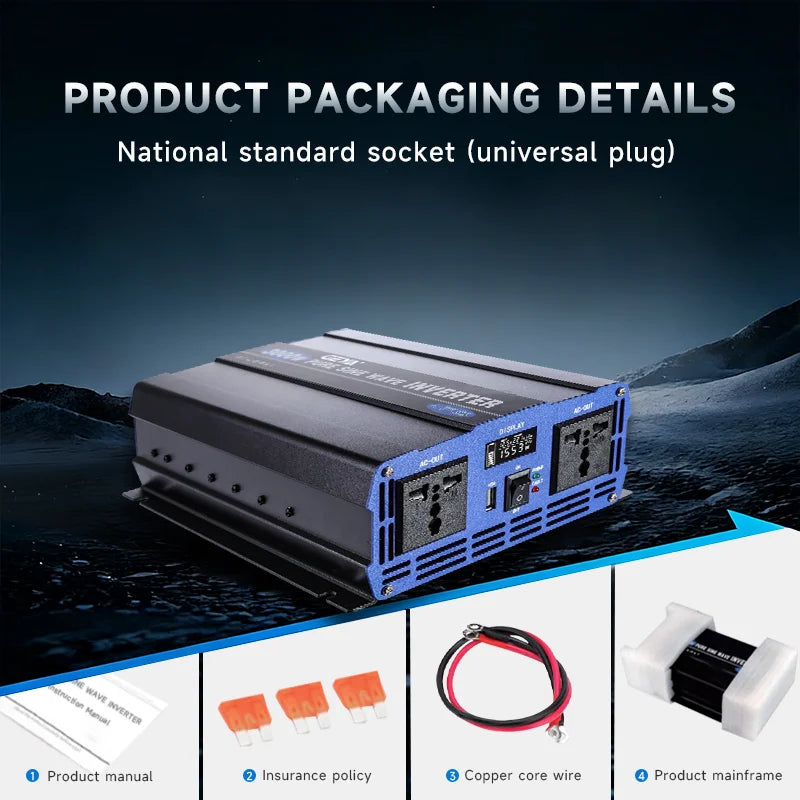 ឧបករណ៍បម្លែងភ្លើង GEYA Pure Sine Wave Car Power Inverter DC 12V ទៅ AC 220V រន្ធដោត EU ជាសកលសម្រាប់ RV, ឡានដឹកទំនិញ, គ្រឿងបន្ថែមរថយន្តដើរដោយថាមពលព្រះអាទិត្យ