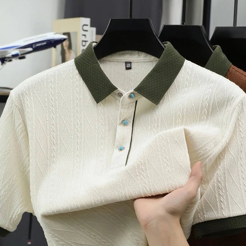 Men's Cable Knit Polo Shirt, Ultra-Soft Cotton Feel Fabric, Business Casual Short Sleeve Shirt with Ribbed Collar