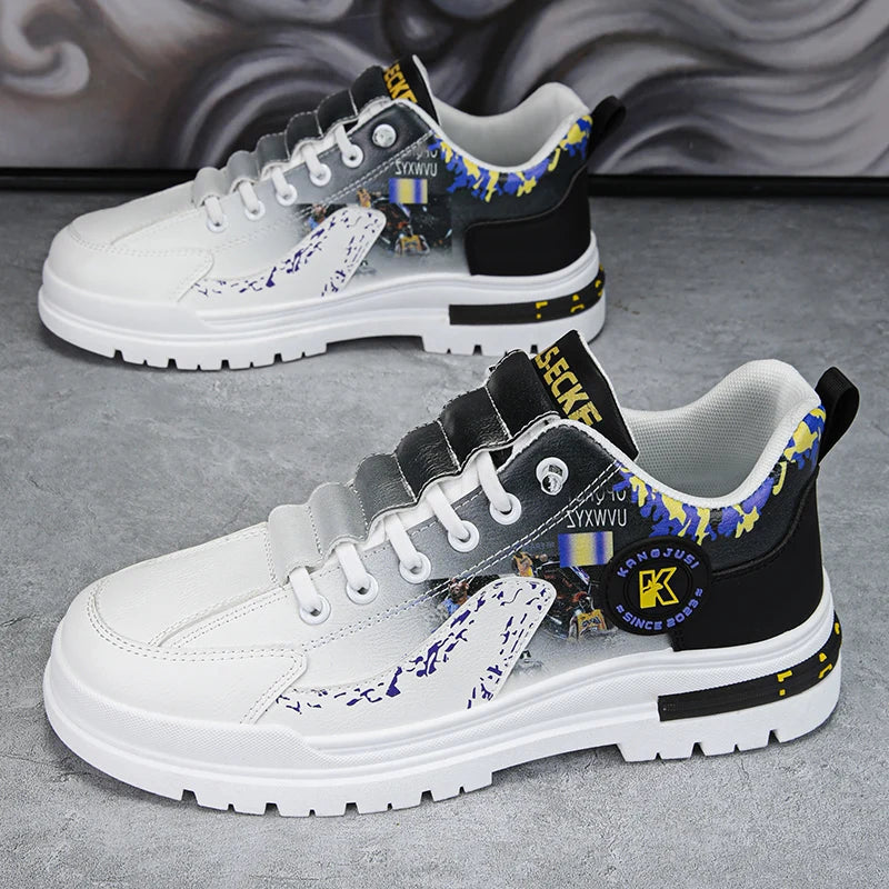 Mens Skateboard Shoes 2025 New Street Trendy Comfort Flat Outdoor Leisure Sneakers Leather Casual Lace-up Walking Shoes for Men
