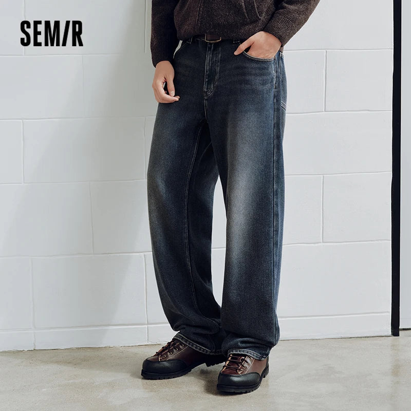 Semir Men Denim Jeans Vintage Wash Loose Fit Straight Leg 2026 New Winter Daily Wear Urban Casual Style Cold Weather Layering