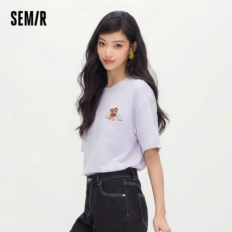 Semir Women Tshirt Moisture Wicking Quick Dry Cartoon Embroidery Drop Shoulder Summer 2026 Cute Casual Style Top