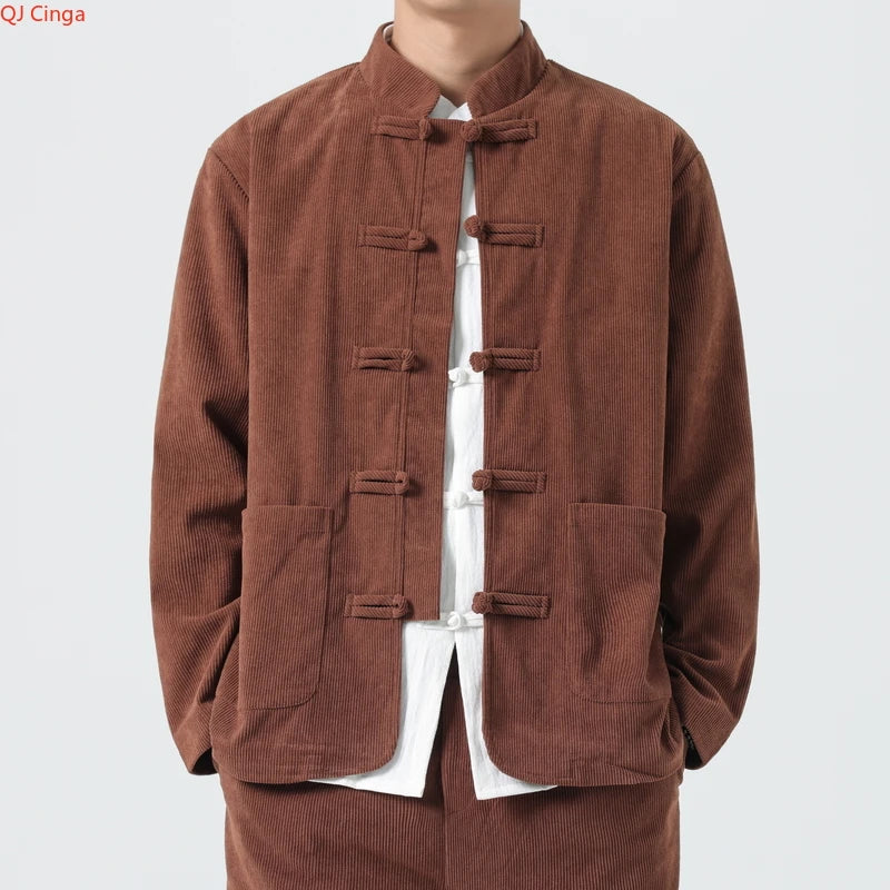 2026 Men's 2-Piece Set in Black Corduroy Fabric, Featuring A Chinese-inspired Single-breasted Stand-up Collar Jacket with Pants.