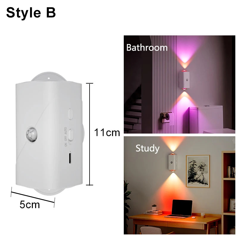 ភ្លើង LED ពេលយប់ RGB ឧបករណ៍ចាប់សញ្ញាចលនា ភ្លើងជញ្ជាំង USB អាចសាកបាន ភ្លើងឡើងលើ និងចុះក្រោម សម្រាប់ជណ្ដើរ រានហាល ការតុបតែងផ្ទះ Ambient