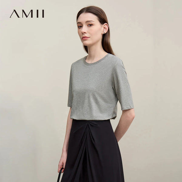 Amii Women T-shirt 2026 Summer New Round Neck Cotton Mid Sleeve Tee Basic Straight Fit Gray Casual Versatile Ladies Top 12622194