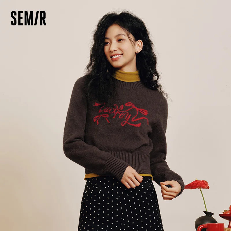 Semir New Year Sweater Women Short Bowknot Slim Fit Round Neck Knit Top 2026 Spring Style Red Fashion Basic Tops