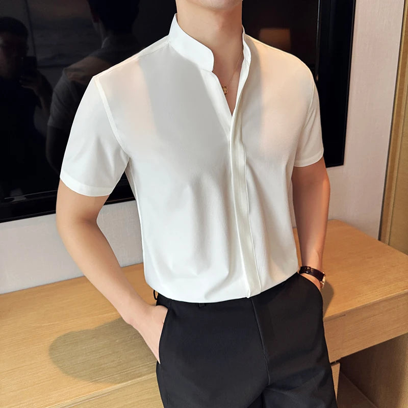 Stand Collar Short-Sleeved Shirt, Men's High-Grade White V-Collar Shirt, Drape Stretch Fashion V-neck Shirt, Business Office