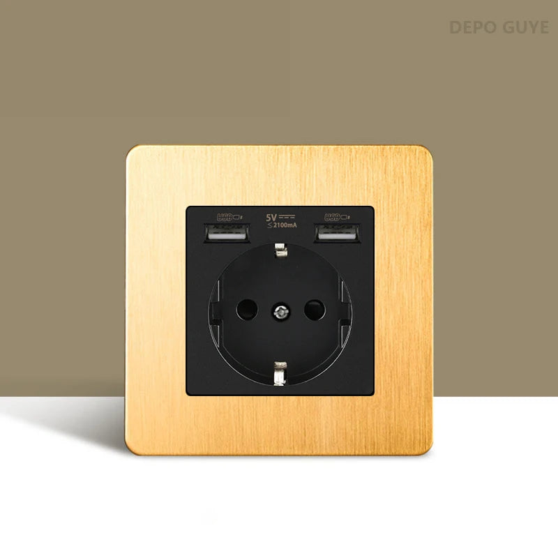 Retro Wall Light Toggle Switch Dual EU FR Socket Gold Stainless Steel Brushed Panel  Vintage Brass Lever For Home Improvement