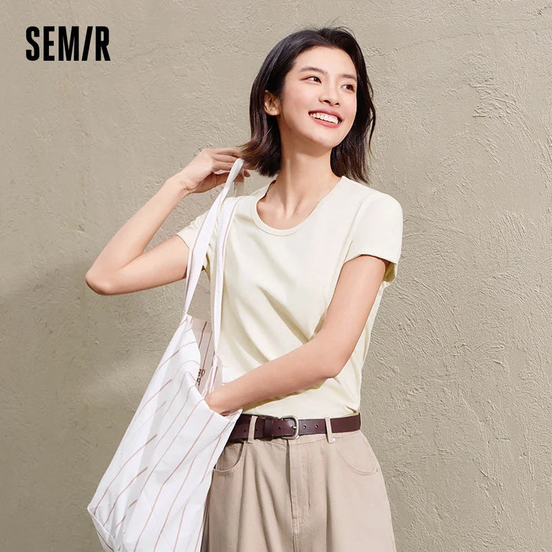 Semir Slim Fit Tshirt Women Summer Solid Color Basic Crew Neck White Cool Touch Casual Comfortable Fashion Slim Top