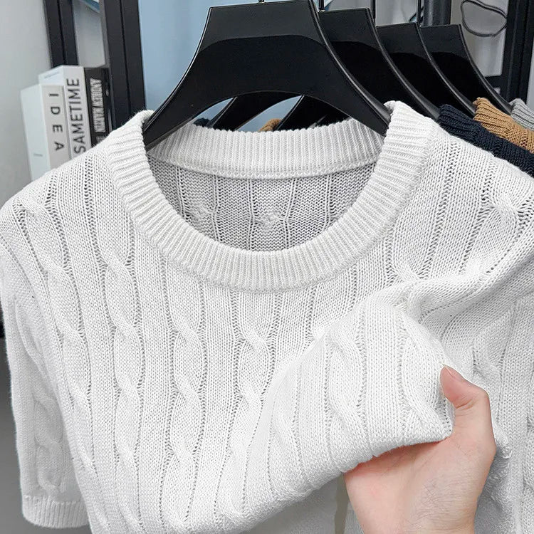 Men's Vintage Cable Knit Short Sleeve Sweater 100% Cotton Casual Crew Neck Pullover