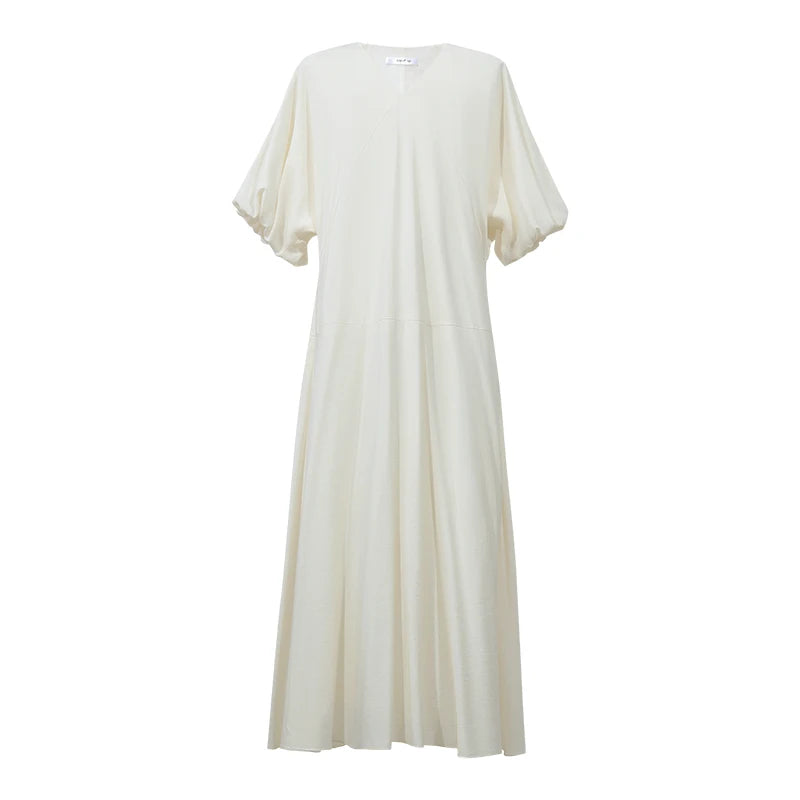 Amii Women’s Dress 2026 Summer New V-Neck Puff Sleeve Loose Fit Maxi Dress Holiday Casual Solid Long Dress For Women 12642166