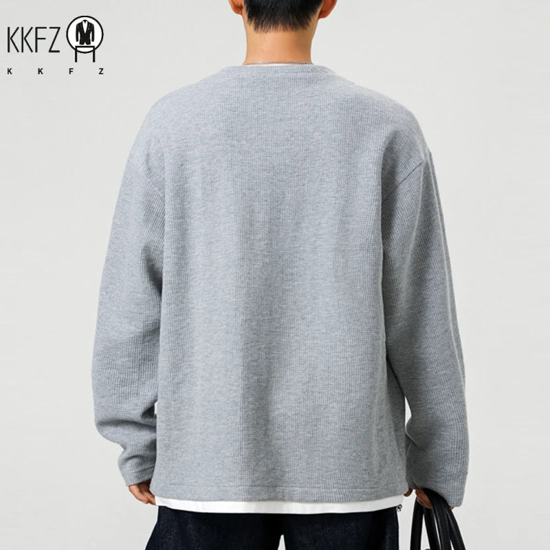 Youth Casual Fake Two Piece Top For Males Notch Collar Long Sleeve Waffle Weave Fabric Travel Friendly Clothing