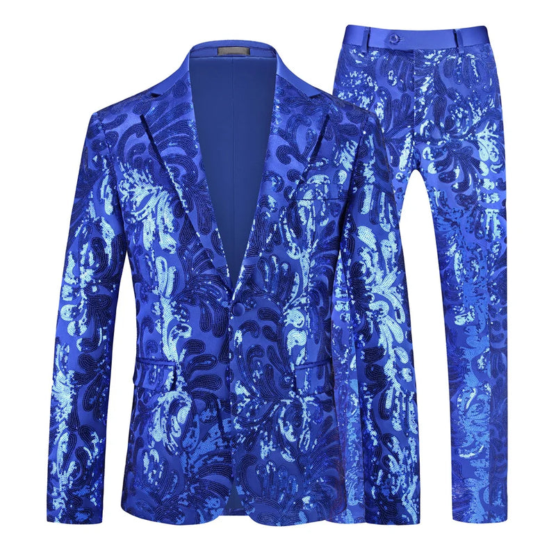 2026 New Men's Silver Suit Two-Piece Set, Wedding Party Jacket with Matching Pants, Asian Sizes, Available in Gold, Red, Blue