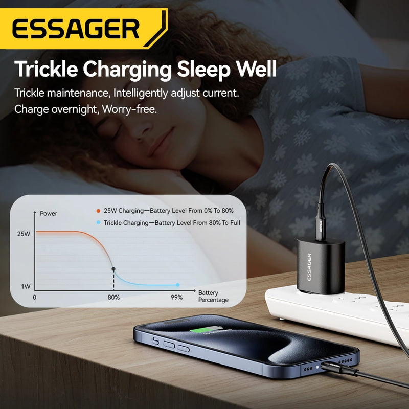 ឆ្នាំងសាក Essager 25W USB C ឈុតឆ្នាំងសាក PD សាកលឿន ឆ្នាំងសាកទូរស័ព្ទរហ័សសម្រាប់ iPhone 16 15 Pro Max Xiaomi Oneplus Xiaomi Samsung