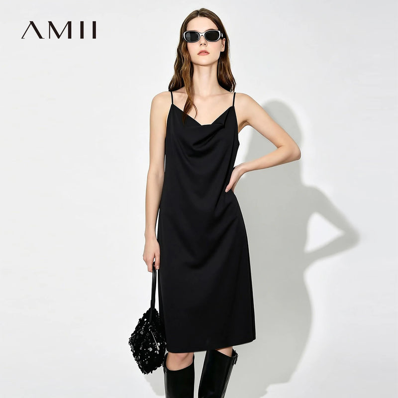 Amii Midi Dresses 2026 Summer New Cowl Neck Fitted Waist Maxi Elegant Office Casual Spaghetti Strap Long Womens Dresses 12652042