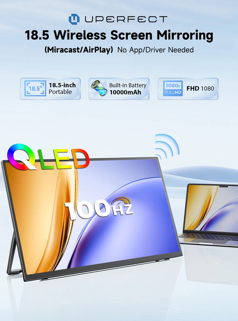 ម៉ូនីទ័រ QLED ចល័ត PERFECT ទំហំ 18.5 អ៊ីញ 100Hz ថ្ម 10000mAh អេក្រង់ឥតខ្សែ អេក្រង់ចល័ត សម្រាប់កុំព្យូទ័រយួរដៃ កុំព្យូទ័រលេងហ្គេម ទូរស័ព្ទ