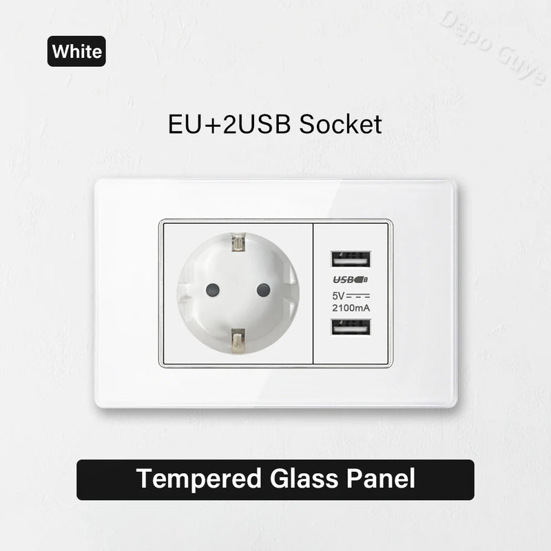White Tempered Glass Panel Wall Light Switch Rocker Button EU Sockets Fast Charging CAT6 TV Power Outlet 118*75mm 16A AC110-250V