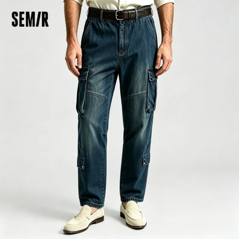 Semir Men Pants Denim American Vintage Workwear Loose Multi Pocket Straight Leg Drape 2026 Summer Fashion Casual Top