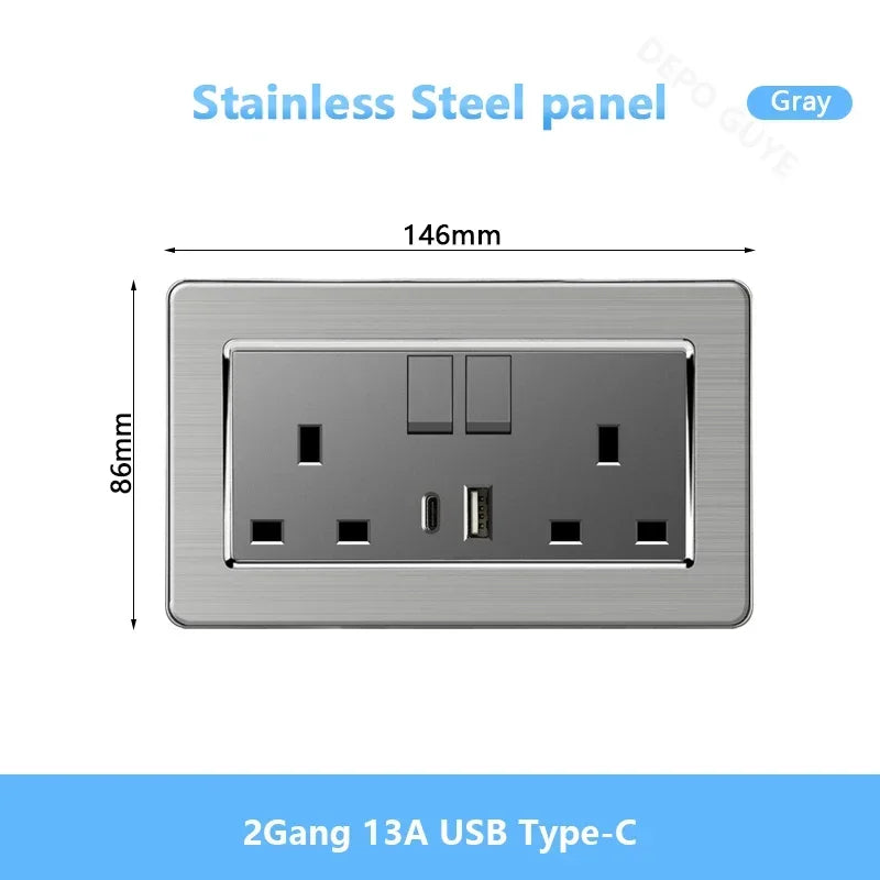 Universal Wall Light Switch Brushed Stainless steel Panel,UK Type-c 18W Quick Charging Socket 220V Double USB Electrical Outlet