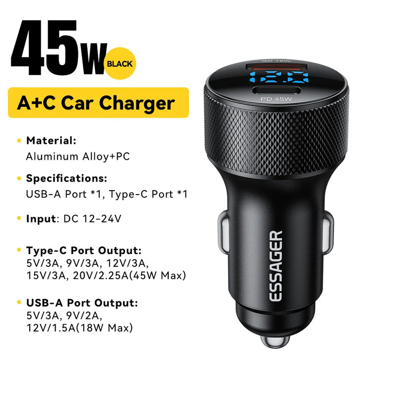 Essager USB C Car Charger 45W 2 Ports PD3.0 QC3.0 Digital Display Car Phone Charger For iPhone 16 15 Xiaomi Huawei Samsung OPPO