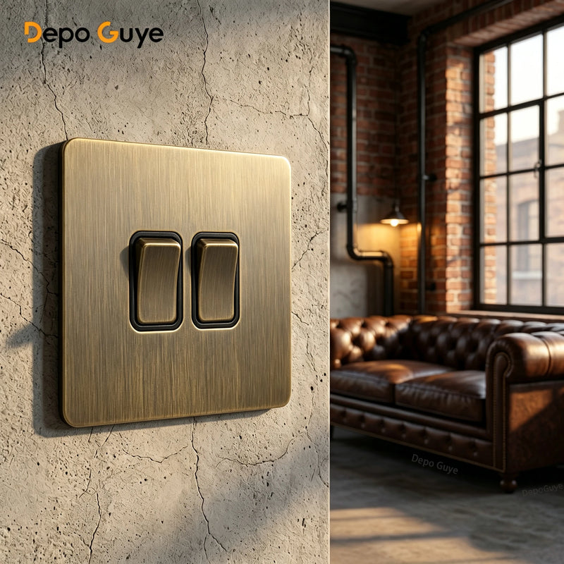Retro Metal Brushed Antique Stainless Steel Push Button Switch Panel UK 13A Socket with USB Phone Charging for Home Improvement