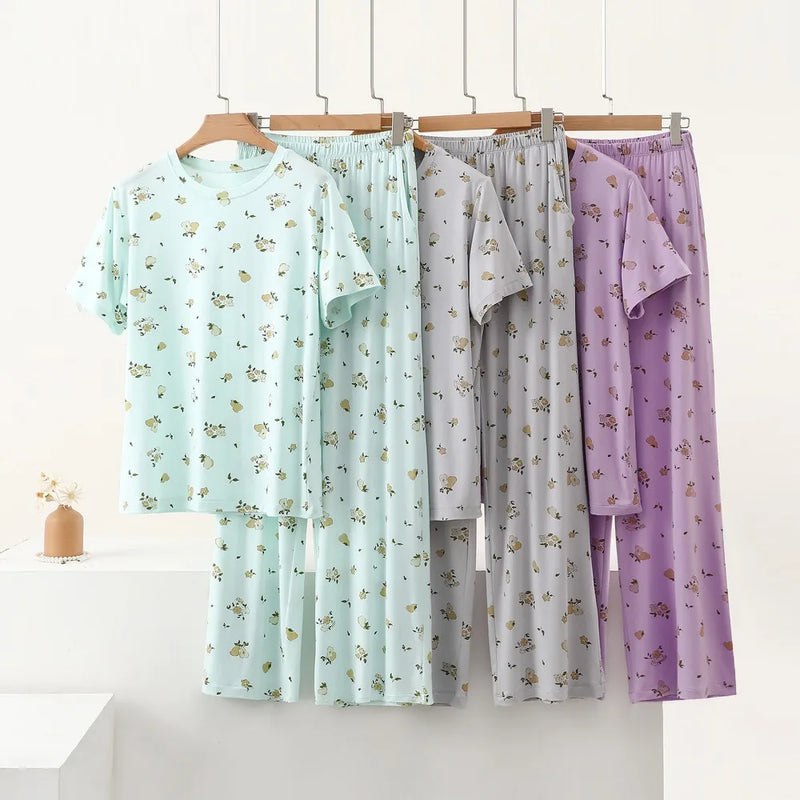 Floral Pajamas Woman Summer Thin Two-piece Ladies Set Modal Loose Home Suit Short Sleeve Nightwear for Woman Sleepwear Pijama